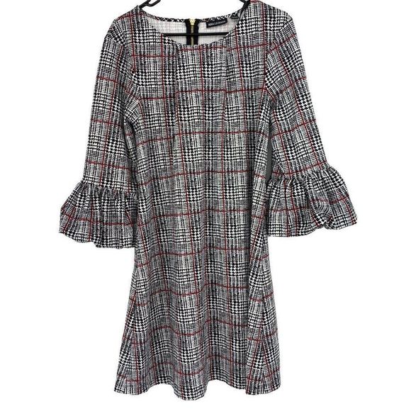 Nina Leonard Size M Bell Bubble Sleeve A-Line Dress Knit stretch Plaid 1940 EUC - Picture 1 of 9